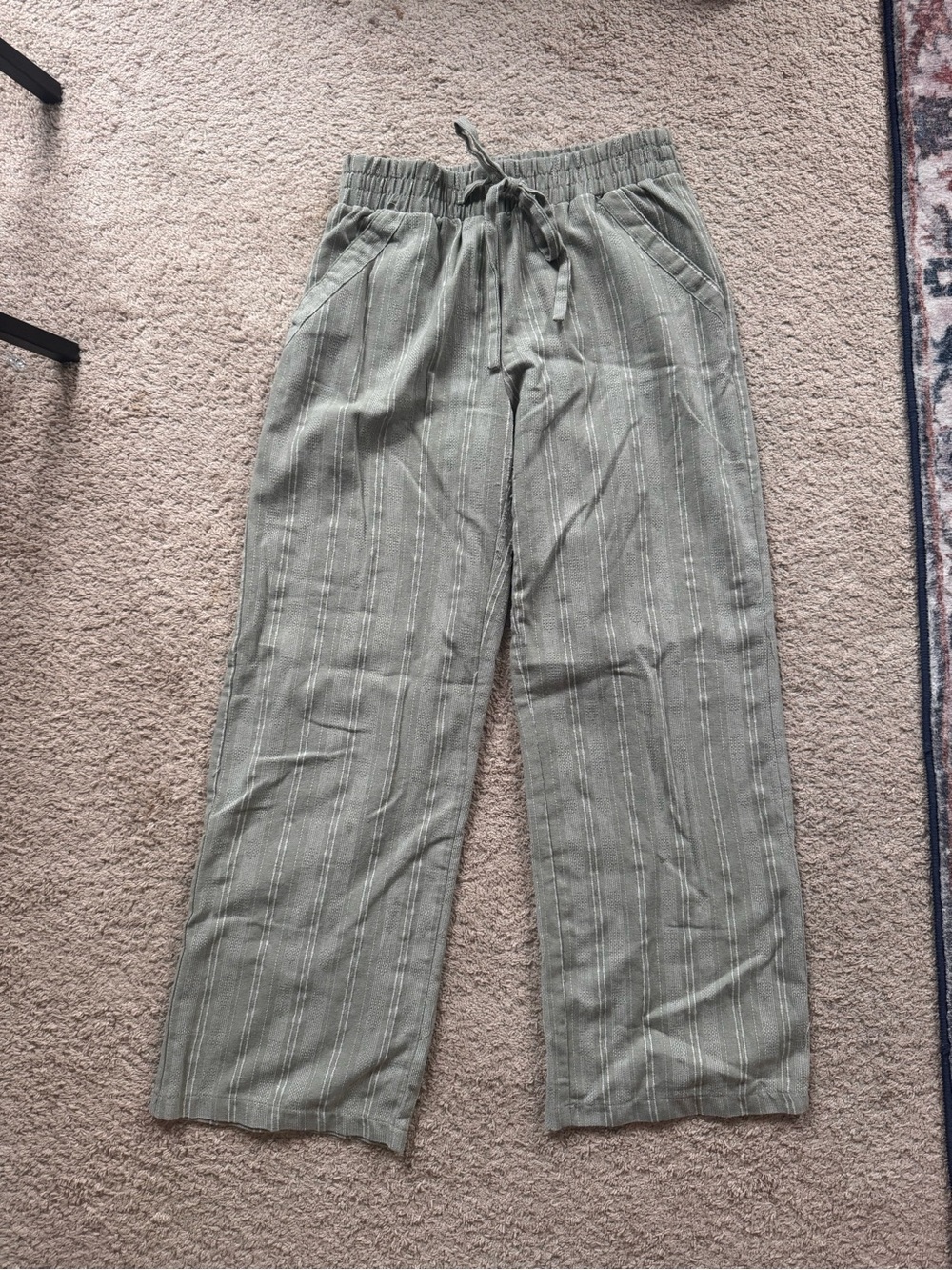 Francesca's Lightweight Olive Green Striped Drawstring Trousers